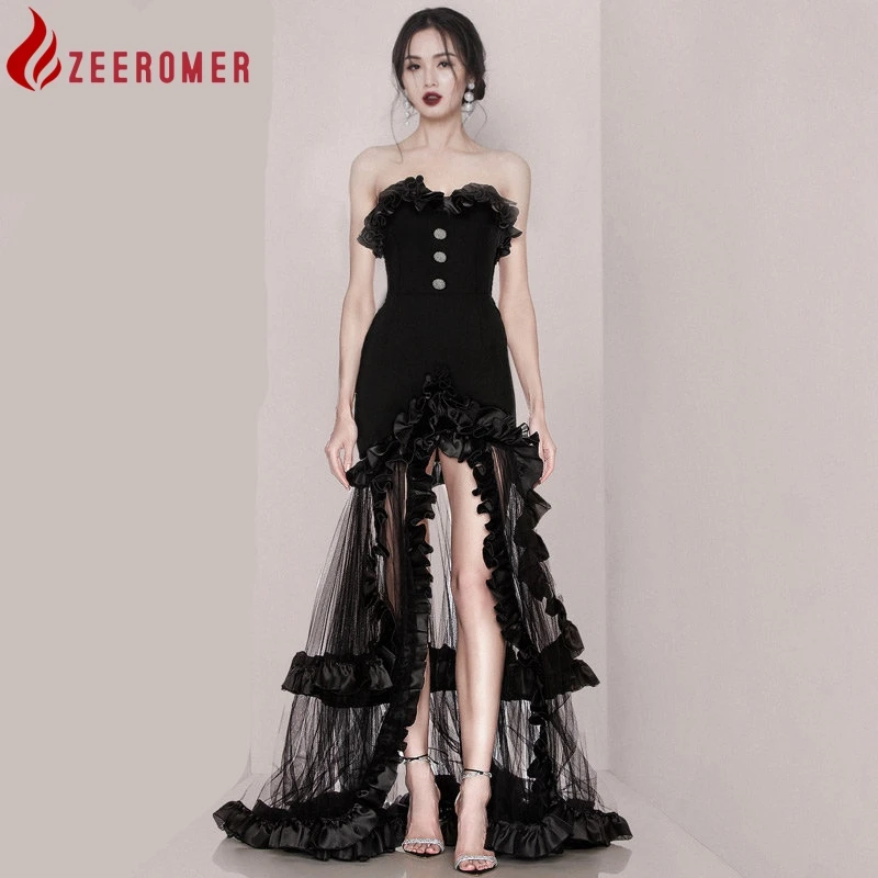 2023 Summer Luxury Mesh Patchwork Evening Party Dress Women Sexy Slash neck Sleeveless Diamonds Button Ruffles Black Long Dress 
2023 Summer Luxury Mesh Patchwork Evening Party Dress Women Sexy Slash neck Sleeveless Diamonds Button Ruffles Black Long Dress