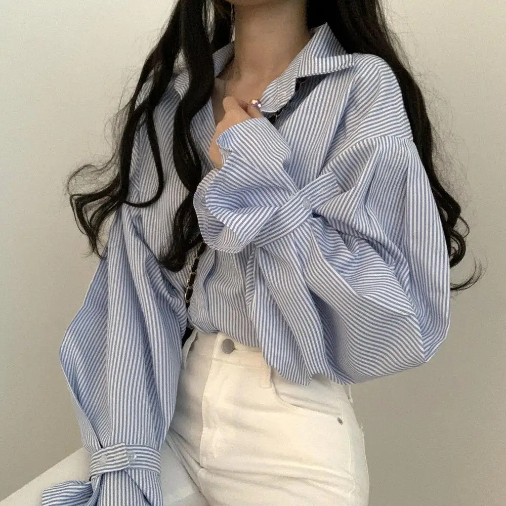 Autumn blue stripe women's shirt Lantern Sleeve loose and elegant office women's coat top professional uniform women's shirt
Autumn blue stripe women's shirt Lantern Sleeve loose and elegant office women's coat top professional uniform women's shirt