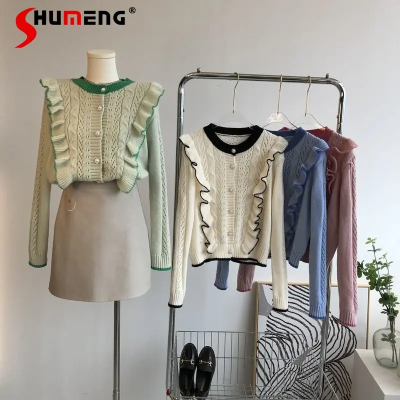 Женский трикотажный кардиган в полоску, свитер контрастной расцветки с оборками и круглым вырезом в Корейском стиле на осень
Женский трикотажный кардиган в полоску, свитер контрастной расцветки с оборками и круглым вырезом в Корейском стиле на осень