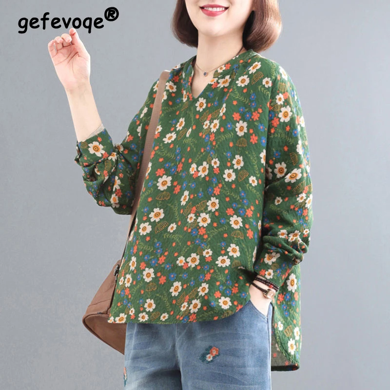 Vintage Floral Print V Neck Long Sleeve Oversized Cotton Linen Blouse Top Women New Spring Autumn Casual Irregular Shirts Blusas
Vintage Floral Print V Neck Long Sleeve Oversized Cotton Linen Blouse Top Women New Spring Autumn Casual Irregular Shirts Blusas