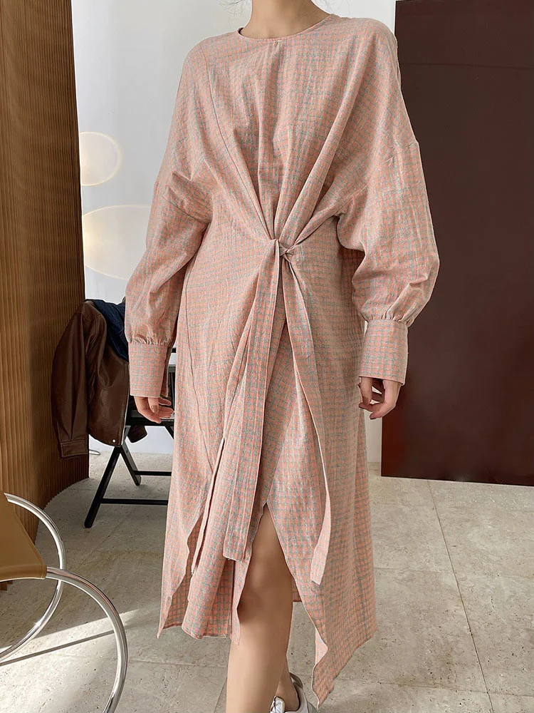 Women 2023 New Irregular Bandage Korean Spring Autumn Casual O-neck Loose Plaid Shirt Dress Woman
Women 2023 New Irregular Bandage Korean Spring Autumn Casual O-neck Loose Plaid Shirt Dress Woman