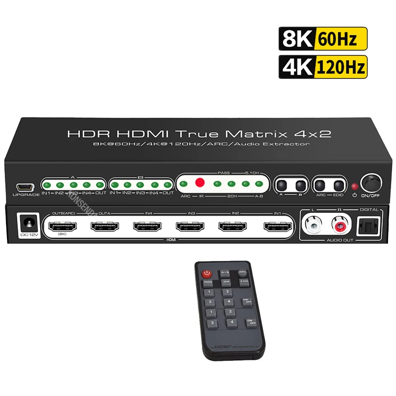 

8K 60Hz HDR UHD HDMI Matrix 4x2 Dolby Version 48Gbps CEC ARC 7680x4320P HDMI Splitter Switch 4 In 2 4K120Hz VRR Support PS5 XBOX