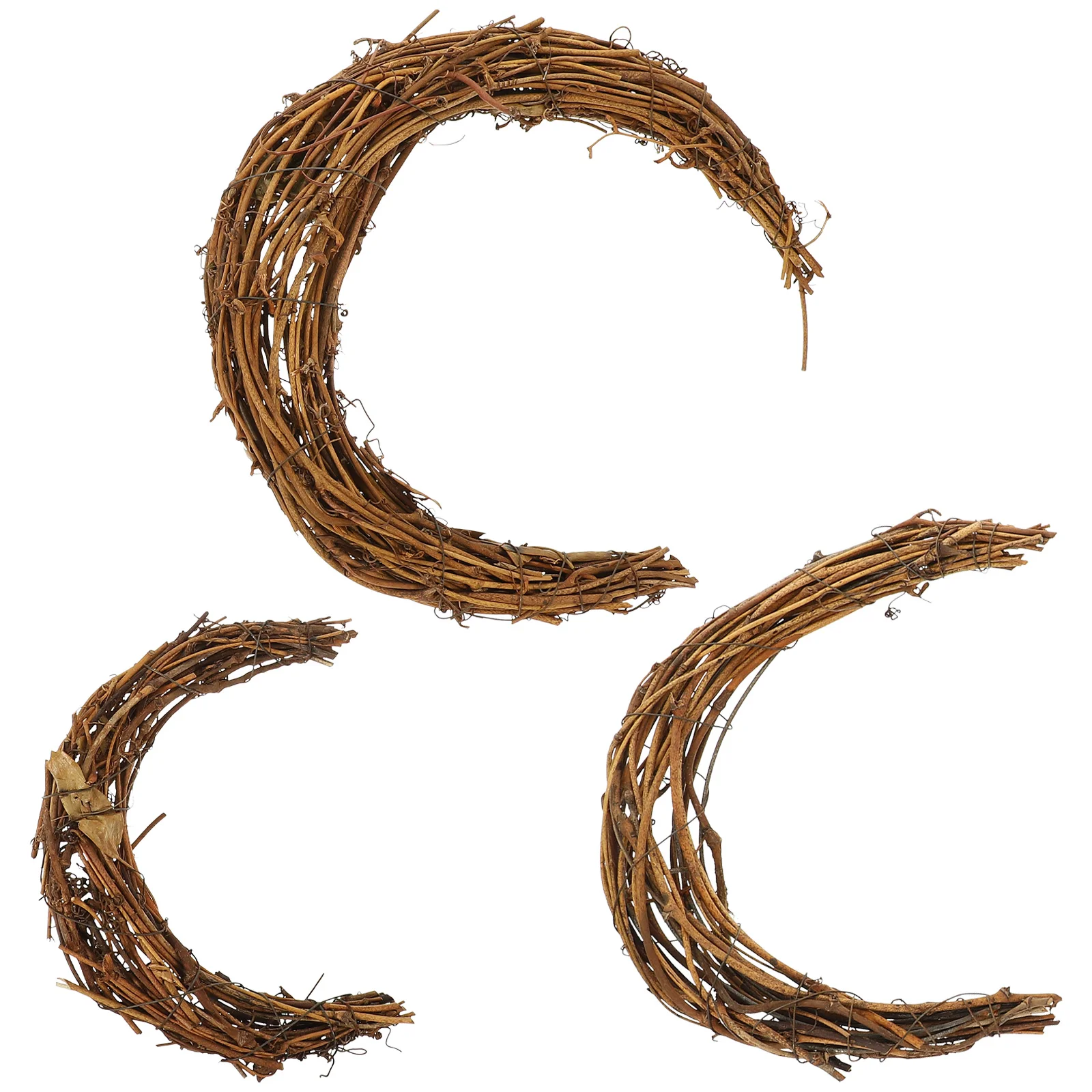 

3 Pcs Grape Wood DIY Rattan Wreath Vine Hand Woven Rings Front Door Decorations Hanging Moon Shaped Hoops Garland