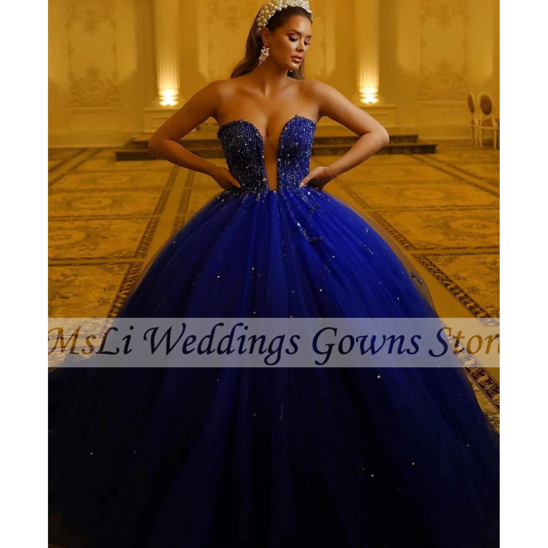 

Royal Blue Quinceanera Dresses For Sweet 16 Girls Beads Sequined Strapless Sleeveless Birthday Prom Dresses vestidos de 15 años