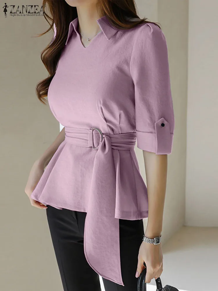 

ZANZEA Half Sleeve Women Blouses Commuting Casual Elegant Lapel Peplum Tops Solid Color Office Lady Belted Fashion Tunic Tops