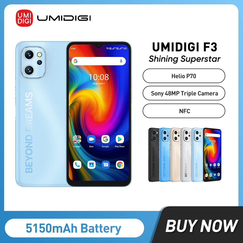 

Unlocked UMIDIGI F3 Phone Android 11 Smartphone Helio P70 8GB 128GB 6.7" Display 48MP AI Triple Camera 5150mAh Cellular NFC