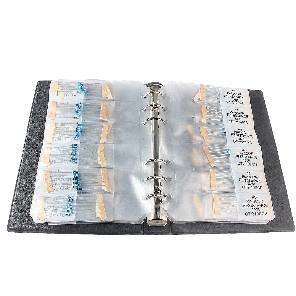 1400pcs 1/4W 1% Metal Film Resistor Assorted Resistor Kit Pack Sample Book, 1R-4.7M ohm 140Values Color Ring Resistance Kit Book
1400pcs 1/4W 1% Metal Film Resistor Assorted Resistor Kit Pack Sample Book, 1R-4.7M ohm 140Values Color Ring Resistance Kit Book