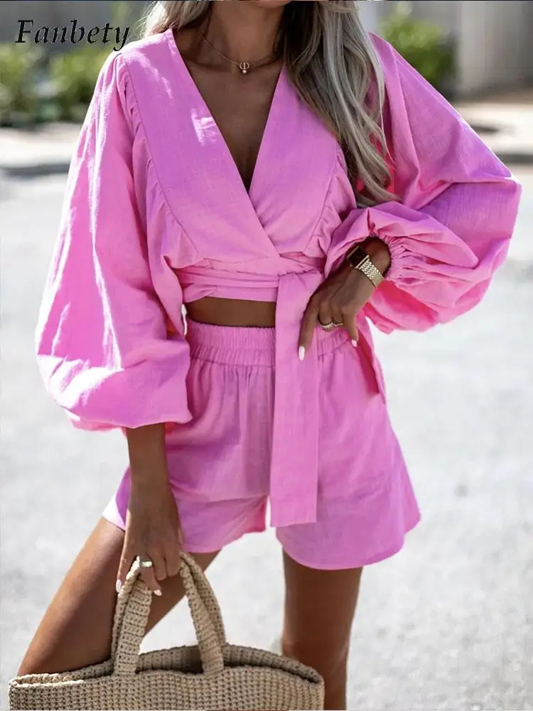Women Fashion V-neck Cotton Linen Shorts Suit Summer Casual Long Sleeve Blouse & Elastic Waist Shorts Set Lady Loose 2Pc Outfit
Women Fashion V-neck Cotton Linen Shorts Suit Summer Casual Long Sleeve Blouse & Elastic Waist Shorts Set Lady Loose 2Pc Outfit