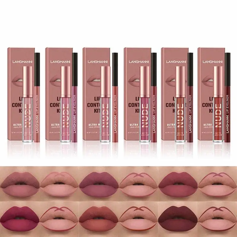 

2PCs Lip Gloss & Liner Set 2g/0.26g Matte Liquid Lipstick Liner Pen Kit Waterproof Moisturize Tint Nude Nonstick Cup lips Makeup