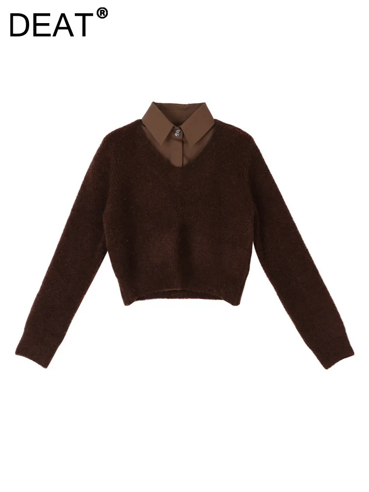 DEAT Fashion Women's Fake 2 Pcs Sweater Patchwork Lapel Loose Coffee Long Sleeve Soft Knitted Pullovers Winter 2023 New 7AB2821
DEAT Fashion Women's Fake 2 Pcs Sweater Patchwork Lapel Loose Coffee Long Sleeve Soft Knitted Pullovers Winter 2023 New 7AB2821
