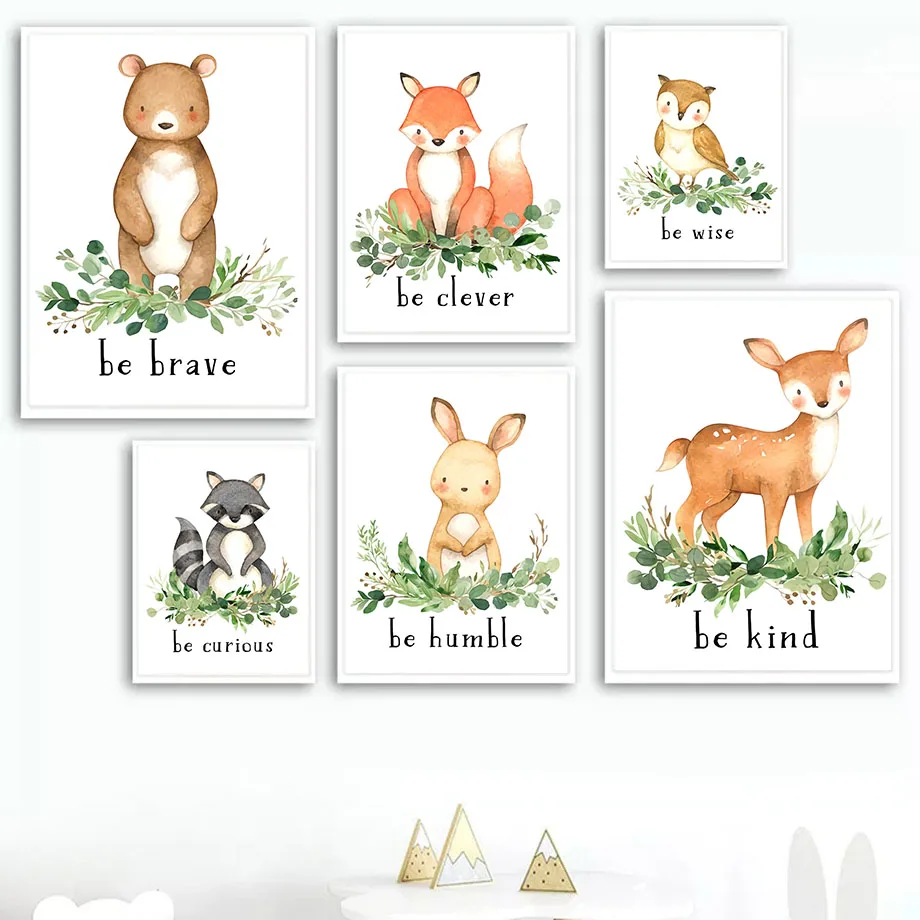 

Nordic Poster for Nursery Wall Art Print Canvas Painting Pictures for Baby Kids Room Decor Raccoon Squirrel Rabbit Deer Fox Bear