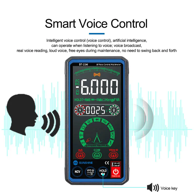 SUNSHINE DT-22AI Intelligent Voice Control Touch Multimeter Smart Touch Voice Broadcast Automatic Recognition Tools
SUNSHINE DT-22AI Intelligent Voice Control Touch Multimeter Smart Touch Voice Broadcast Automatic Recognition Tools
