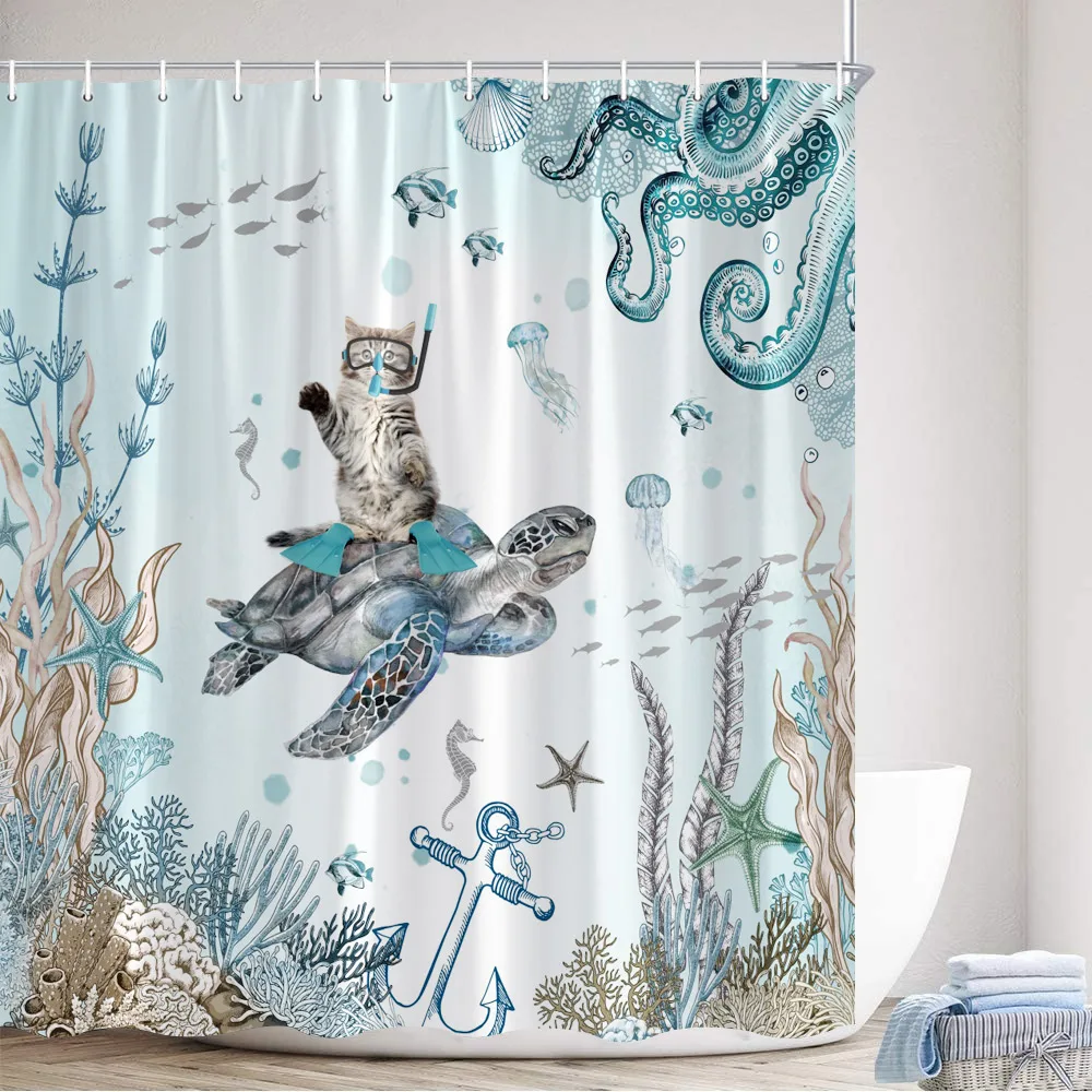 Funny Cat Sea Turtle Shower Curtains Octopus Seahorse Starfish Seaweed Scenery Cartoon Animals Bathroom Decor Bath Curtain Hooks
Funny Cat Sea Turtle Shower Curtains Octopus Seahorse Starfish Seaweed Scenery Cartoon Animals Bathroom Decor Bath Curtain Hooks