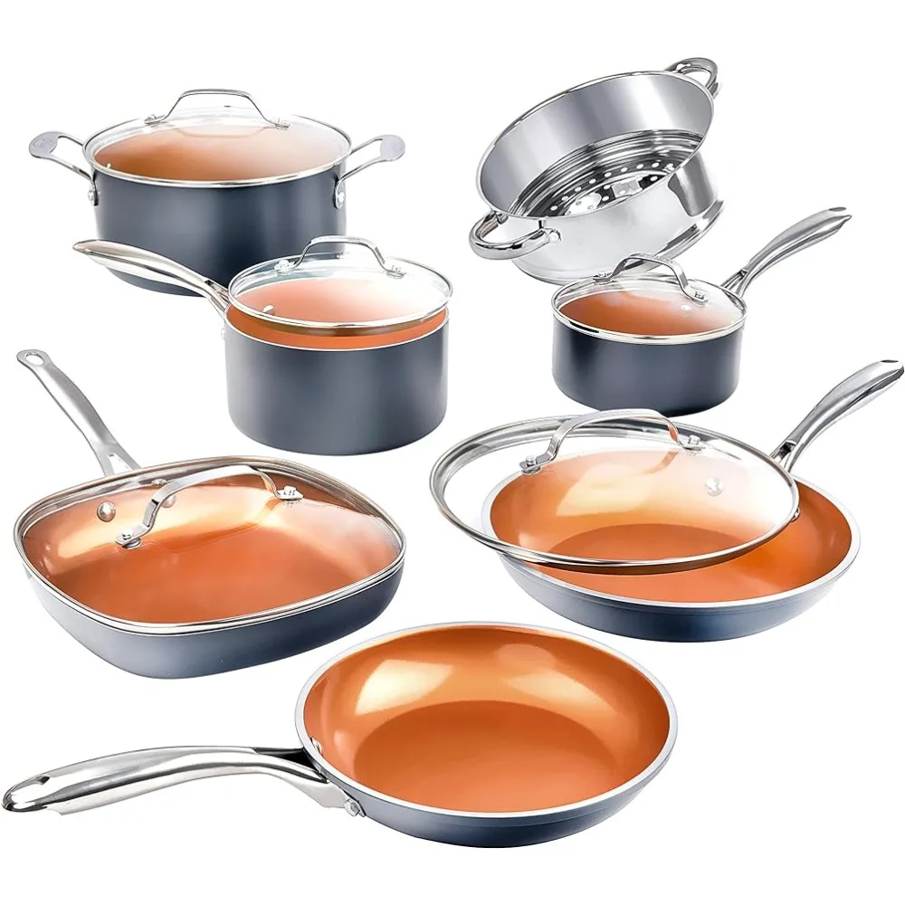 

Gotham Steel Pots and Pans Set 12 Piece Cookware Set with Ultra Nonstick Ceramic Coating by Chef Daniel Green, 100% PFOA Free