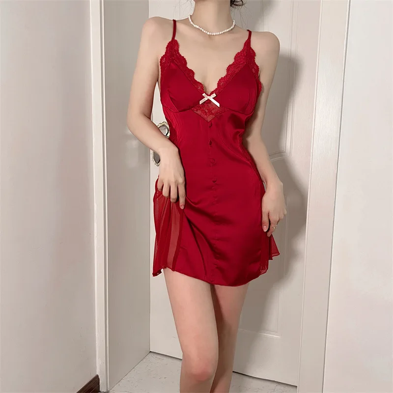 Lingerie Sleep Dress Women's Sexy Burgundy Satin Nightdress Fashion V-neck Lace Nightgown Sleepwear
Lingerie Sleep Dress Women's Sexy Burgundy Satin Nightdress Fashion V-neck Lace Nightgown Sleepwear
