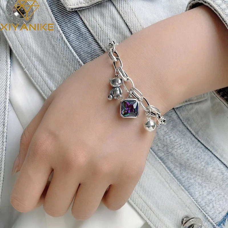 

DAYIN Vintage Bear Square Zircon Chunky Chain Bracelet For Women Girl Luxury Fashion Jewelry Lady Gift Party Pulseras Mujer