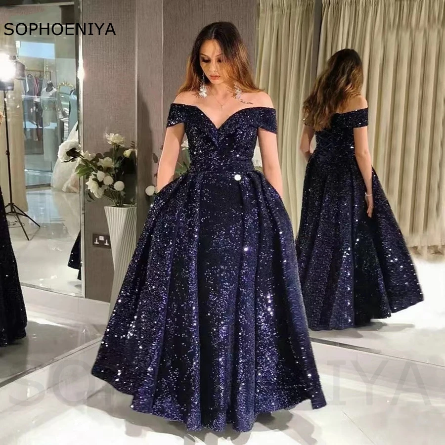 

New Arrival V Neck Navy Blue Evening dresses for women 2023 Off the shoulder Sequine Lace Evening gown Dubai Party dress
