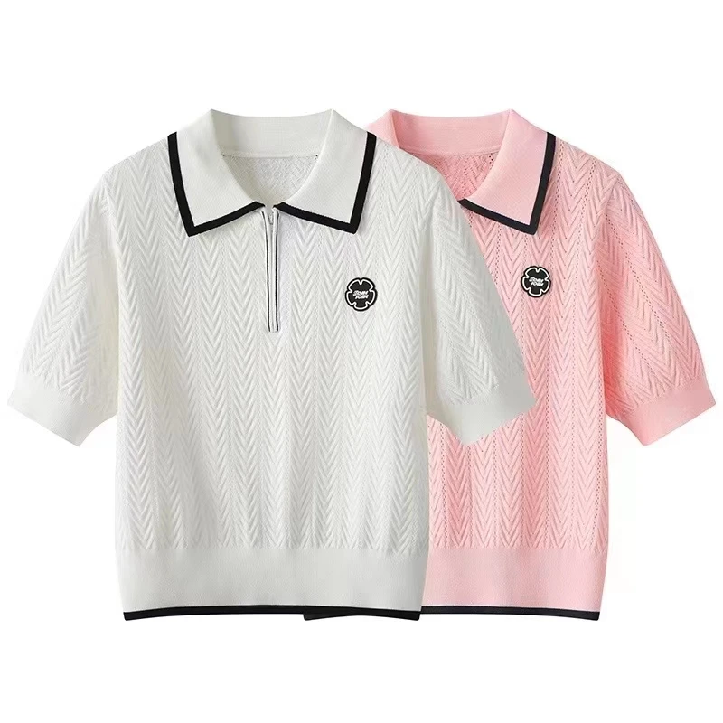 2023 Golf Knite Wear Summer New College Style Hollow Jacquard Woolen Half Zipper POLO Neck Knit Women's Top
2023 Golf Knite Wear Summer New College Style Hollow Jacquard Woolen Half Zipper POLO Neck Knit Women's Top