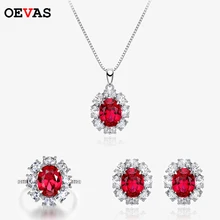 OEVAS 925 Sterling Silver High Carbon Diamond Ruby Gemstone Earring/Necklace/Ring Wedding Engagement Fine Jewelry Sets Wholesale