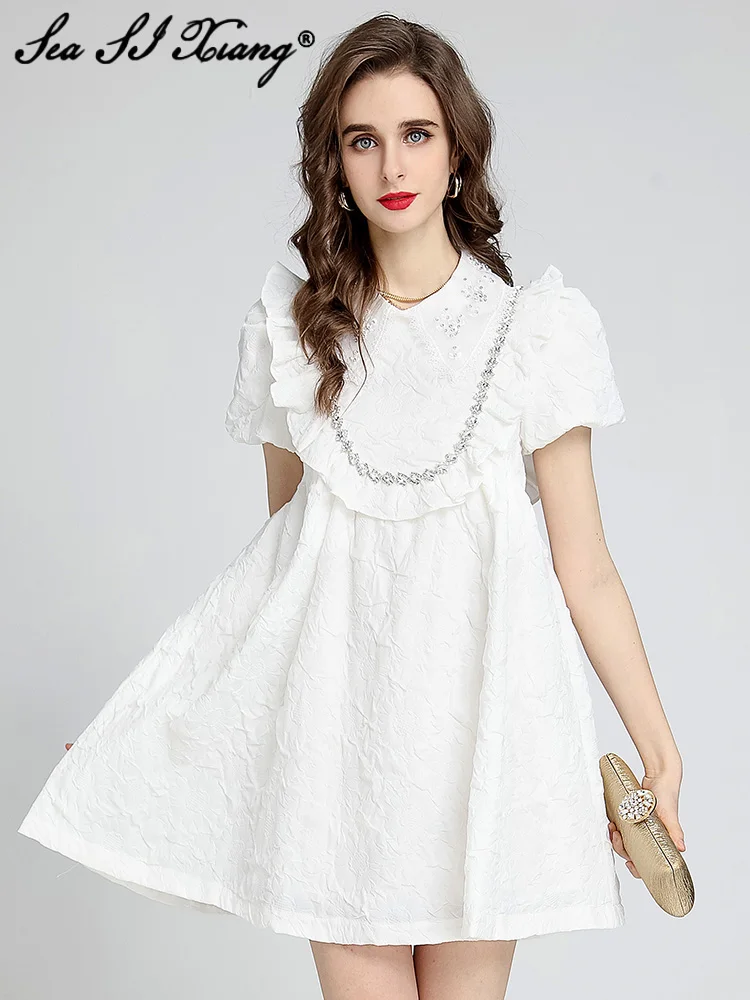 Seasixiang Fashion Designer Summer Dress Women Turn-down Collar Puff Sleeve Beading High Waist Party Short Dresses
Seasixiang Fashion Designer Summer Dress Women Turn-down Collar Puff Sleeve Beading High Waist Party Short Dresses