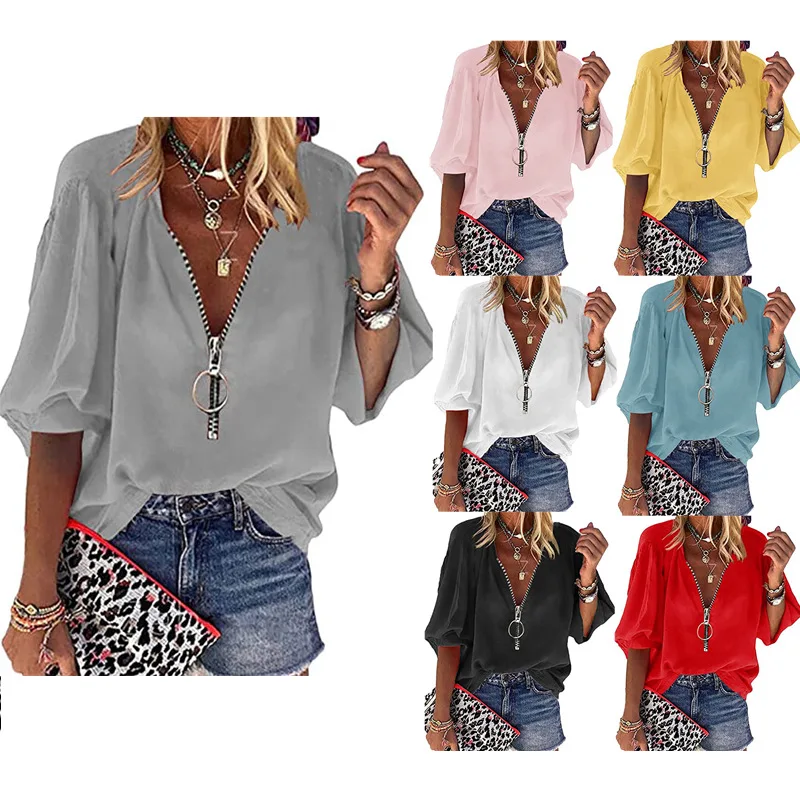 2023 Summer New Solid Color V-neck Zipper Casual Tops Ladies Lantern Short-sleeved Loose Shirt Fashion Shirt Ladies
2023 Summer New Solid Color V-neck Zipper Casual Tops Ladies Lantern Short-sleeved Loose Shirt Fashion Shirt Ladies