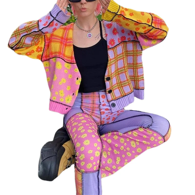 Breathable Girls Long Sleeve Knitwear, Ladies Floral Plaid Splicing Single-breasted Knitted Coat Casual Cardigan Sweater 
Breathable Girls Long Sleeve Knitwear, Ladies Floral Plaid Splicing Single-breasted Knitted Coat Casual Cardigan Sweater