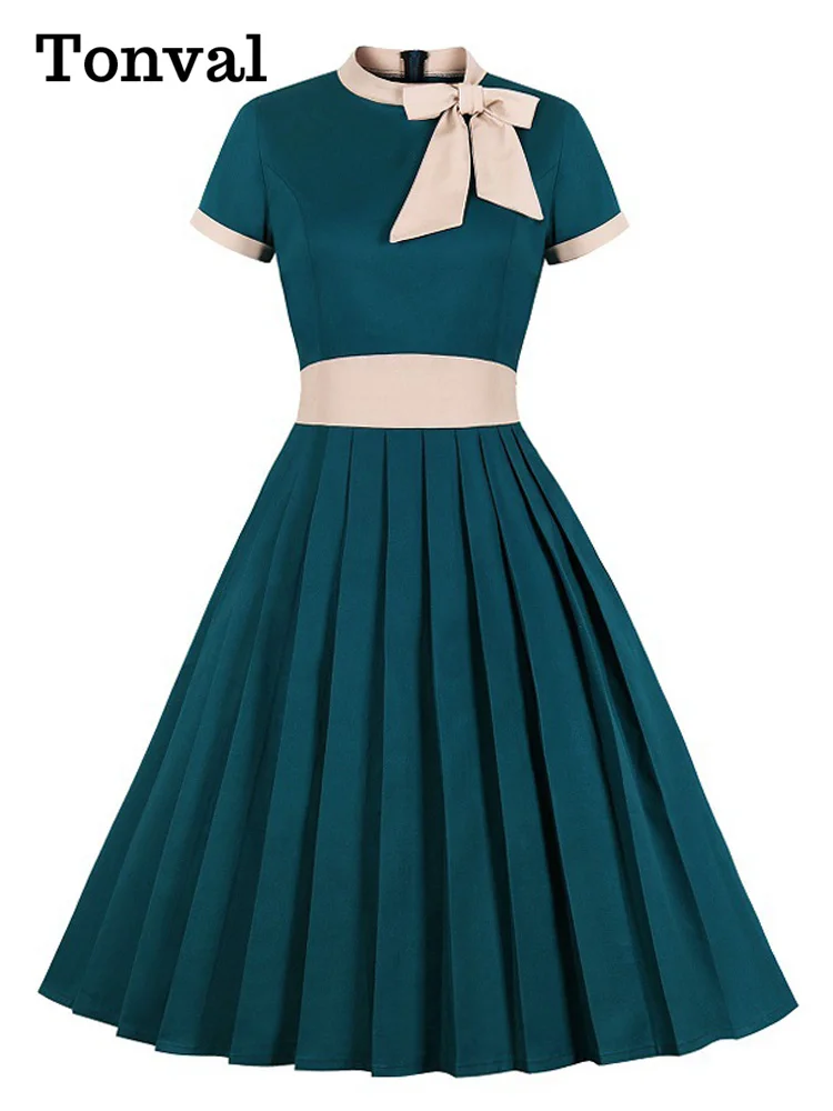 Tonval Turquoise Bow Tie Neck Pleated Elegant Party Midi Dress Women Cotton Vintage High Waist Pockets Swing Dresses
Tonval Turquoise Bow Tie Neck Pleated Elegant Party Midi Dress Women Cotton Vintage High Waist Pockets Swing Dresses