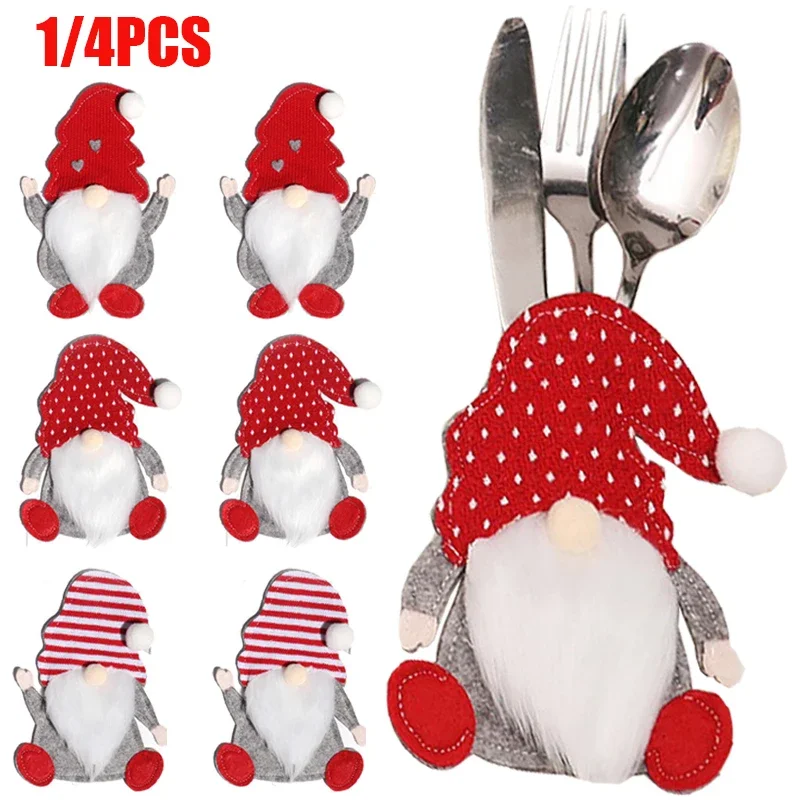 

4pcs Gnome Christmas Cutlery Holder Knife Fork Pocket Bags Santa Claus Xmas Tableware Cover New Year Party Dinner Decoration