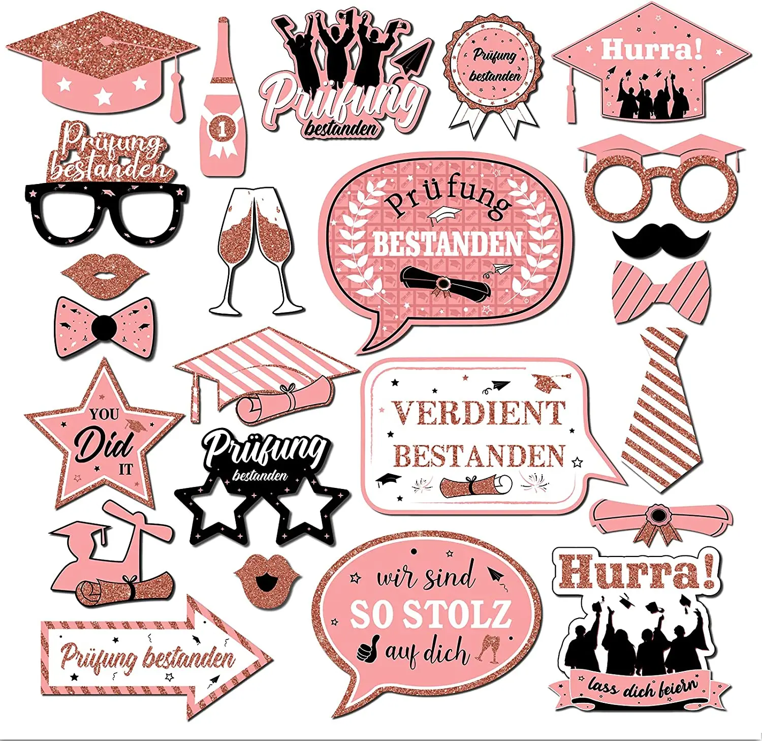 JOLLYBOOM 24pcs Rose Gold Photo Props with Bachelor Cap Badge Diploma Champagne High School College Graduation Party Decoration 
JOLLYBOOM 24pcs Rose Gold Photo Props with Bachelor Cap Badge Diploma Champagne High School College Graduation Party Decoration