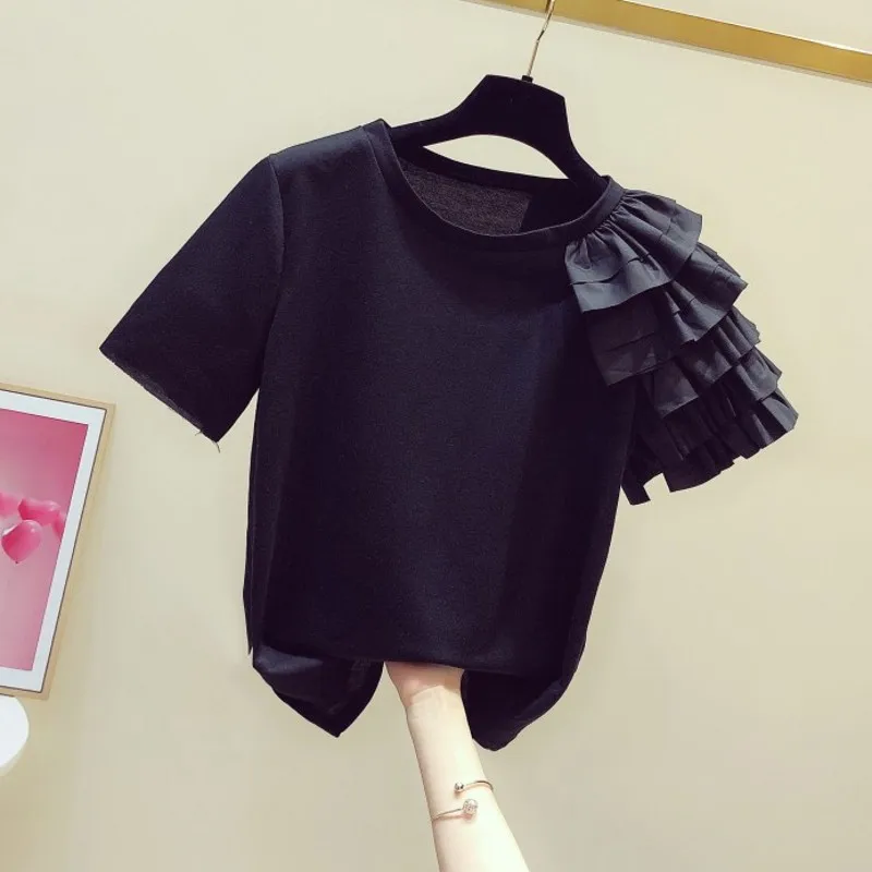 2022 Summer New Ruffles Women T-shirts O-neck Short-sleeved Loose Patchwork Female Pulls Outwear Tops Tees
2022 Summer New Ruffles Women T-shirts O-neck Short-sleeved Loose Patchwork Female Pulls Outwear Tops Tees