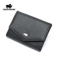 BISONDENIM Genuine Leather Short Wallets Card Holder Carbon Fiber Purses Money Clips Coin Mini Pocket Men Women Wallet