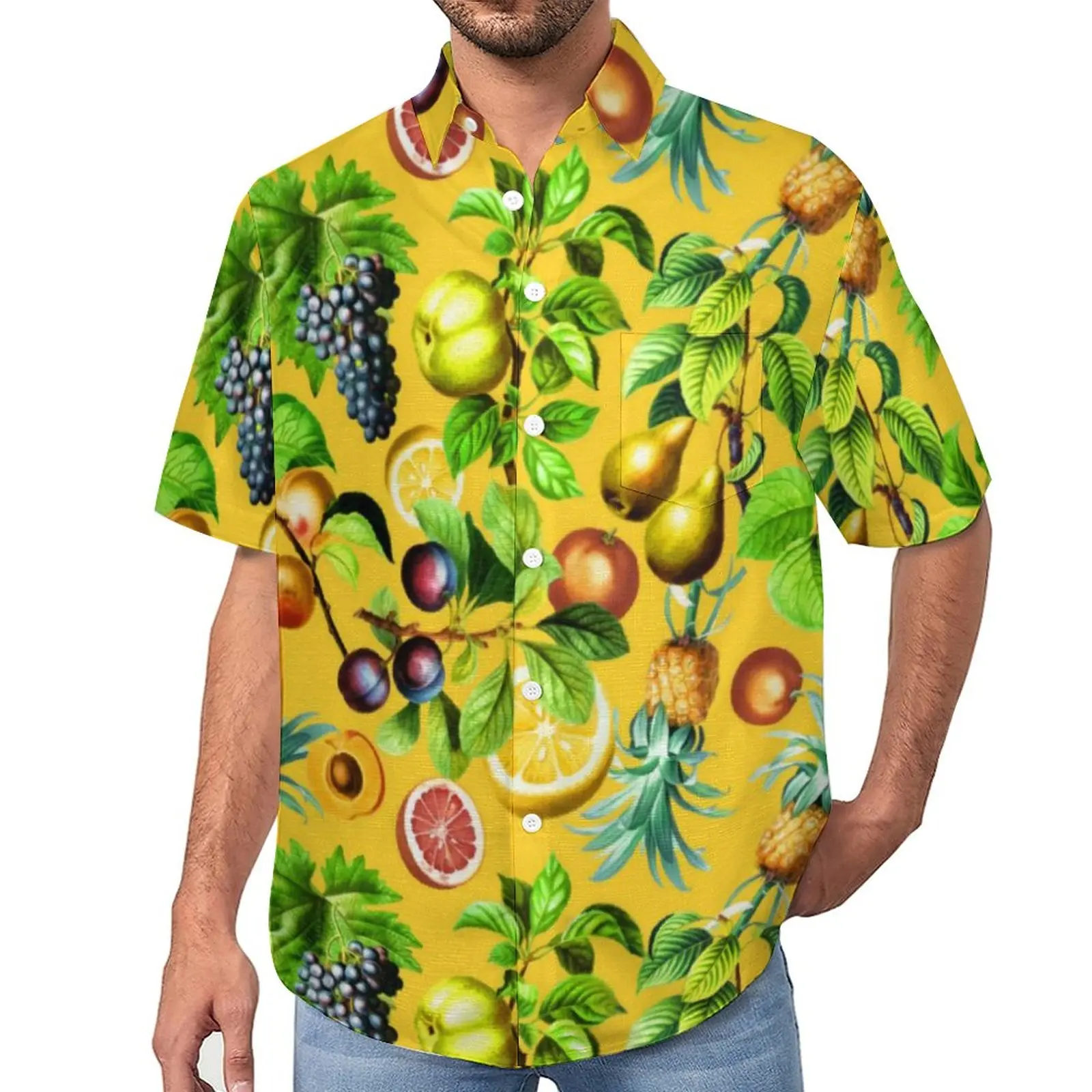 

Tropical Fruit Print Casual Shirt Pineapple Lemon Vacation Loose Shirt Hawaii Vintage Blouses Short Sleeves Graphic Oversize Top