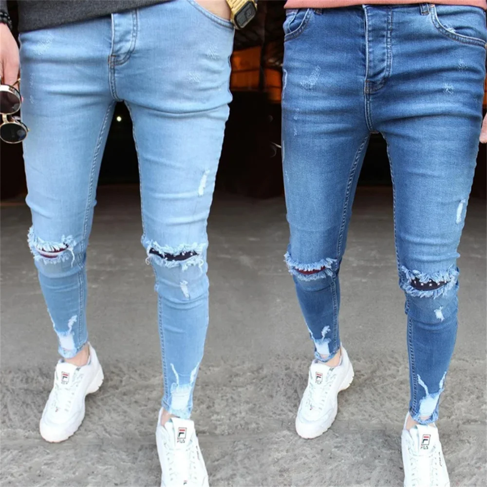 

Men Stretchy Ripped Skinny Biker Pure Color Scratched Jeans Destroyed Hole Taped Slim Fit Denim High Quality Hip Hop Jean Pants