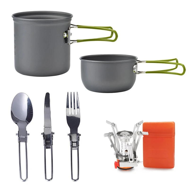 

Outdoor Cooking Utensils Camping Cookware Tableware Pot Set With Folding Knife Fork and Mini Gas Stove For Hiking Tourism