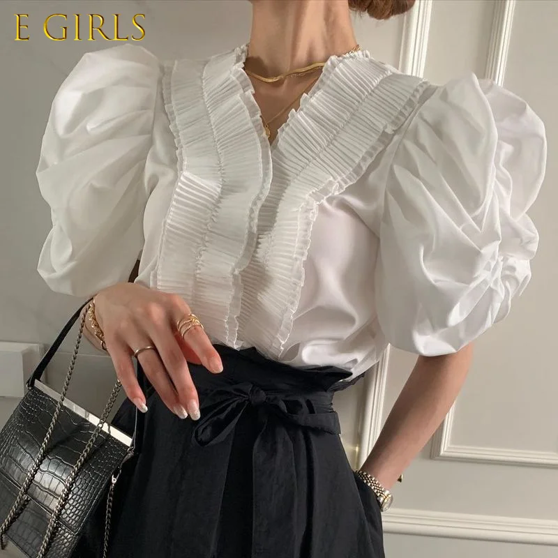E GIRLS Korean Pleated Ruffle Patchwork V-neck Blouse Shirt Chic Puff Sleeve Womens Tops New Elegant Blusas Femme
E GIRLS Korean Pleated Ruffle Patchwork V-neck Blouse Shirt Chic Puff Sleeve Womens Tops New Elegant Blusas Femme