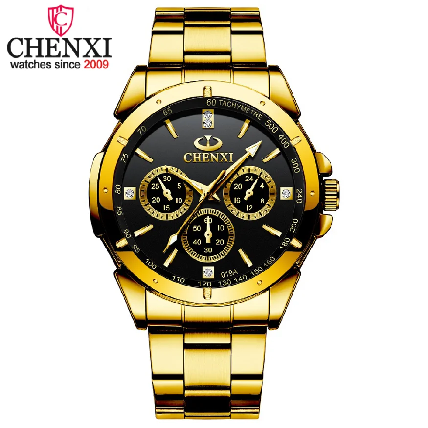 

Часы наручные CHENXI Мужские кварцевые, роскошные повседневные водонепроницаемые, с браслетом из стали, золотистые