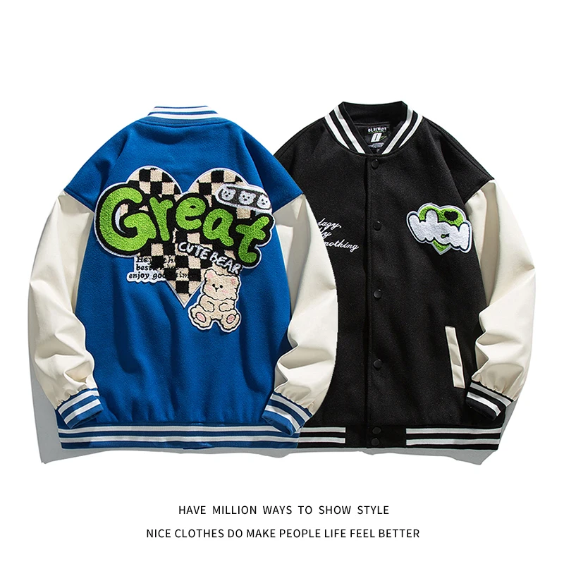 2022 New Heart Back Bear Letterman Furry Embroid Women Baseball Bomber Jacket Unisex Men Varsity Coat Coach Couple Streetwear
2022 New Heart Back Bear Letterman Furry Embroid Women Baseball Bomber Jacket Unisex Men Varsity Coat Coach Couple Streetwear