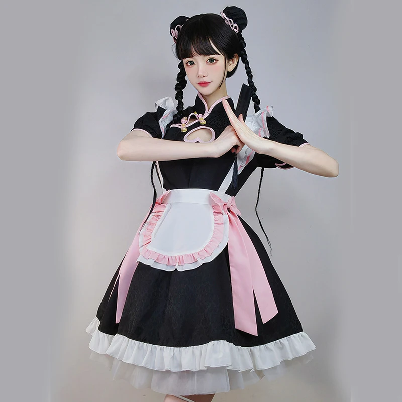 Original Chinese Cute Lolita Maid Costume Hollow New Pink Cheongsam Anime Lolita Skirt 
Original Chinese Cute Lolita Maid Costume Hollow New Pink Cheongsam Anime Lolita Skirt