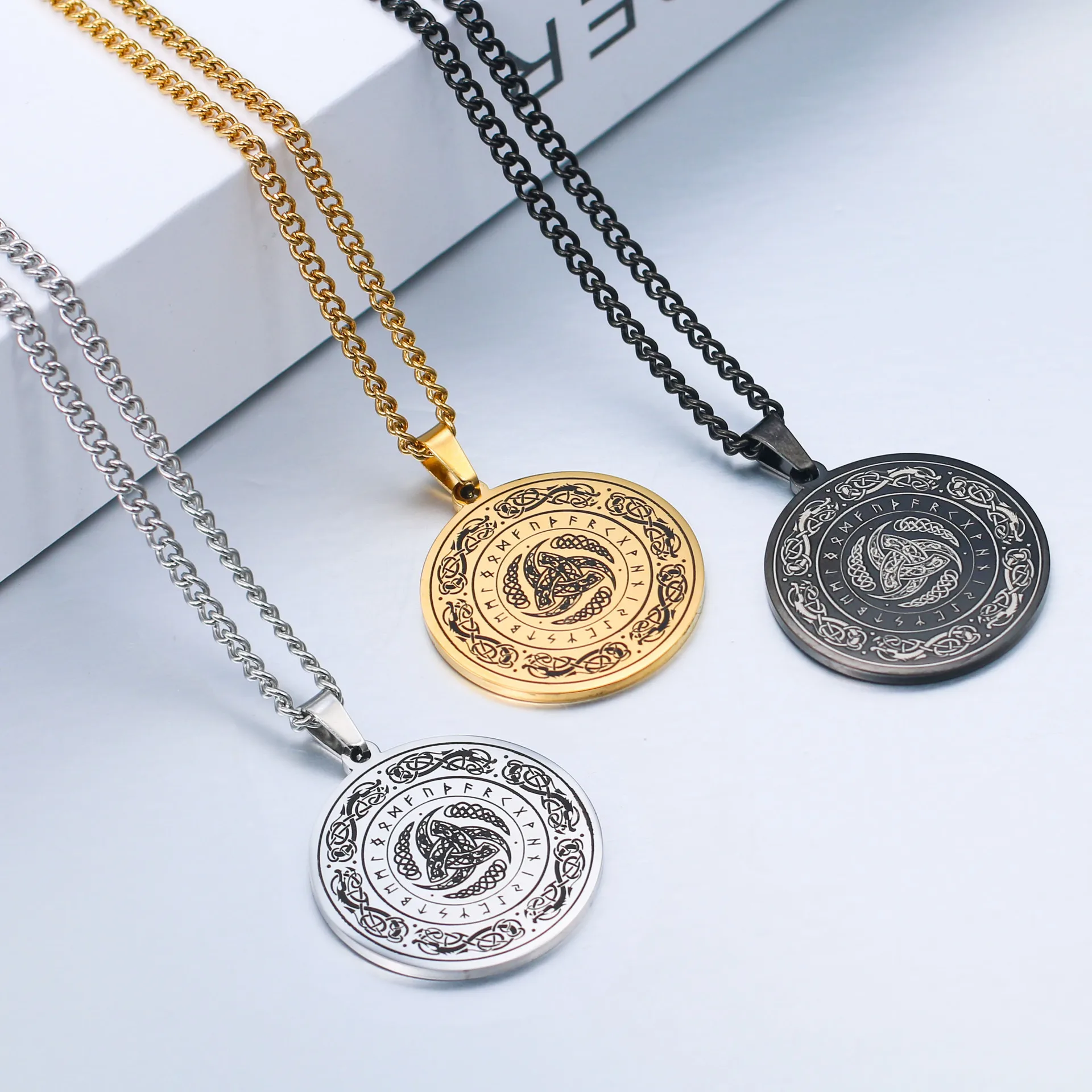 

Stainless Steel Nordic Viking Talisman Irish Concentric Knot Runes Amulet Pendant Necklace for Men Pagan Scandinavian