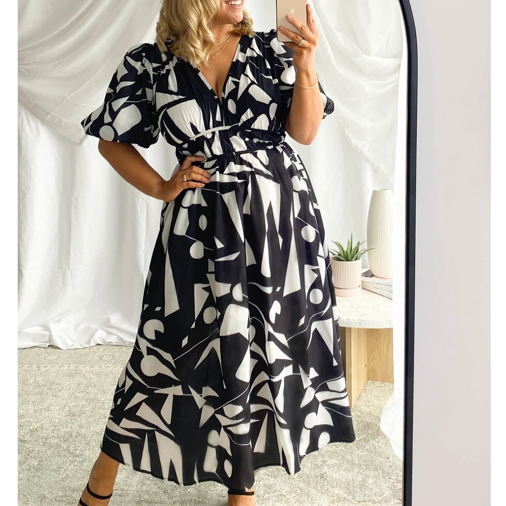 

Wepbel V-neck Cinched Swing Dress Women's Summer Maxi Dress Floral Printed Short Sleeve Printed Wear Slim Fits Bohe Dress