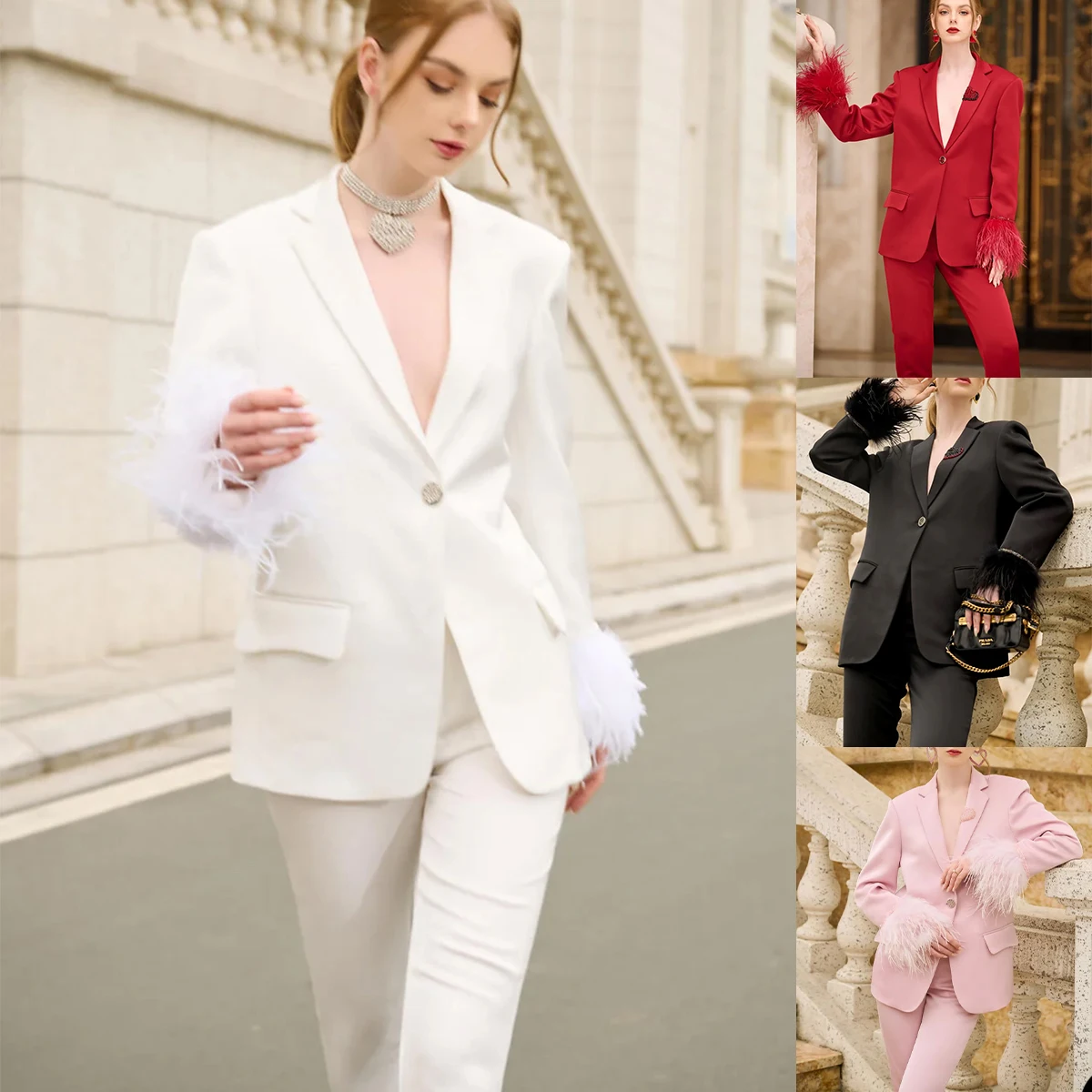 Elegant Women's Suit Long Sleeves With Feather V-Neck Lady Set Business Evening Party Slim Fit 2 Pieces Coat Pants Custom Made
Elegant Women's Suit Long Sleeves With Feather V-Neck Lady Set Business Evening Party Slim Fit 2 Pieces Coat Pants Custom Made