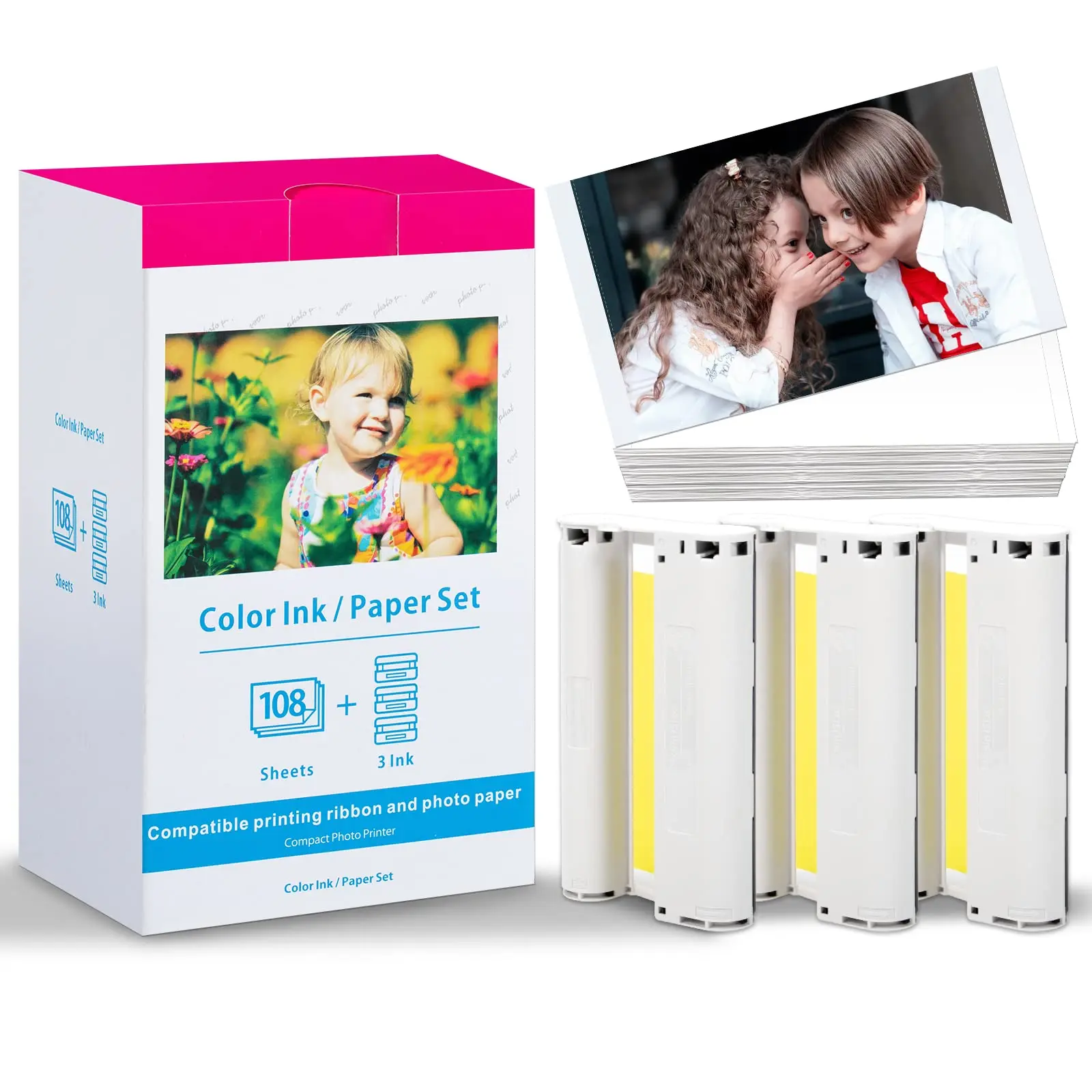 Ink Cartridge and Photo Paper Compatible for Photo Printer Canon Selphy CP1300 CP1200 KP-108IN 36IN 4"x6" Laminated Glossy Paper 
Ink Cartridge and Photo Paper Compatible for Photo Printer Canon Selphy CP1300 CP1200 KP-108IN 36IN 4"x6" Laminated Glossy Paper