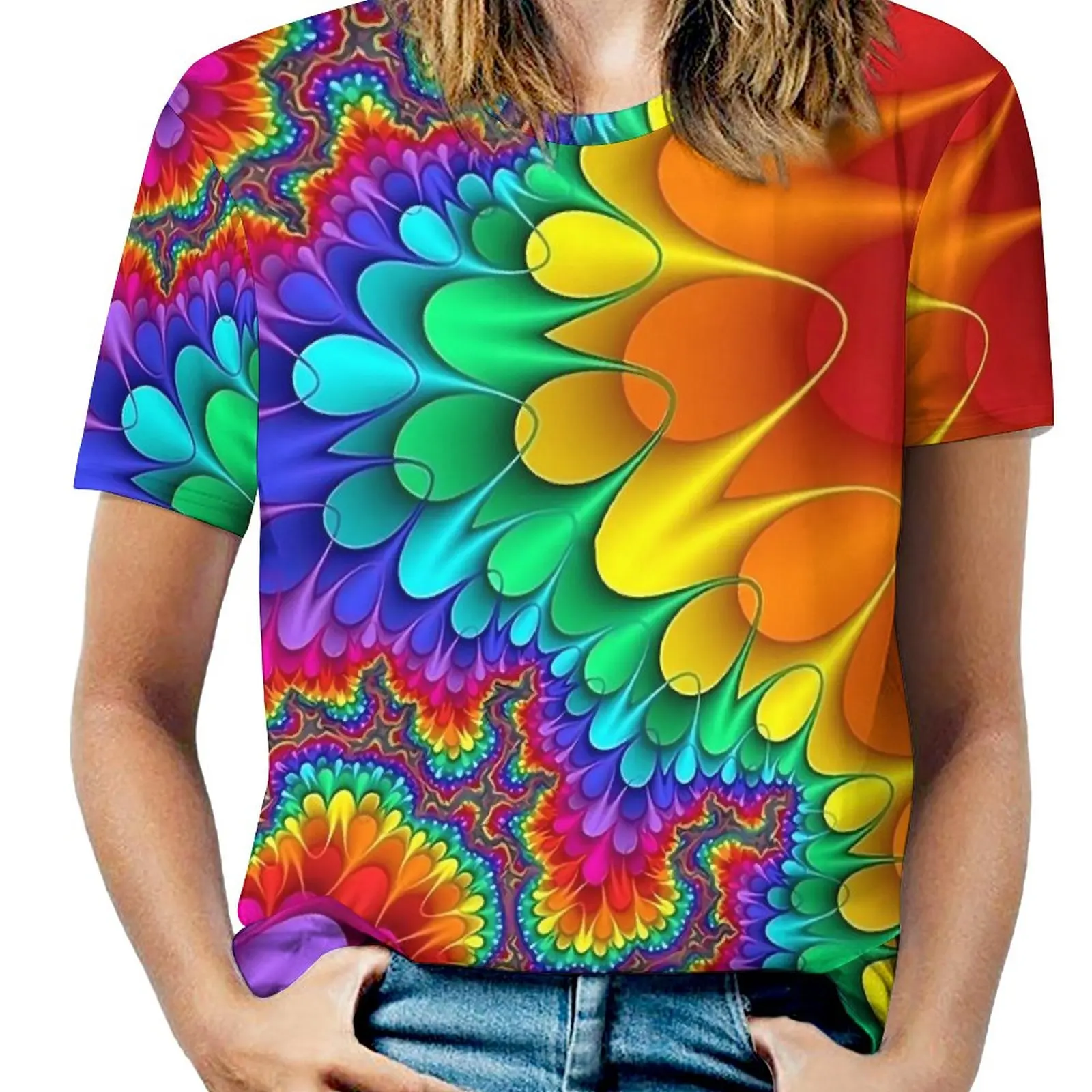 

Rainbow Splash T-Shirt Psychedelic Print Aesthetic Big Size T Shirts Short Sleeve Simple Tshirt Womens Beach Custom Clothes