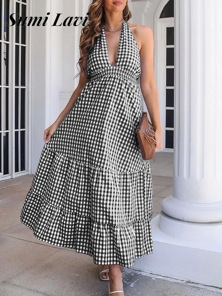 Women Sleeveless Lace Up Elastic Waist Dress Summer Sexy V Neck Halter Maxi Dress Boho Casual Plaid Printed Beach Dress Vestidos
Women Sleeveless Lace Up Elastic Waist Dress Summer Sexy V Neck Halter Maxi Dress Boho Casual Plaid Printed Beach Dress Vestidos