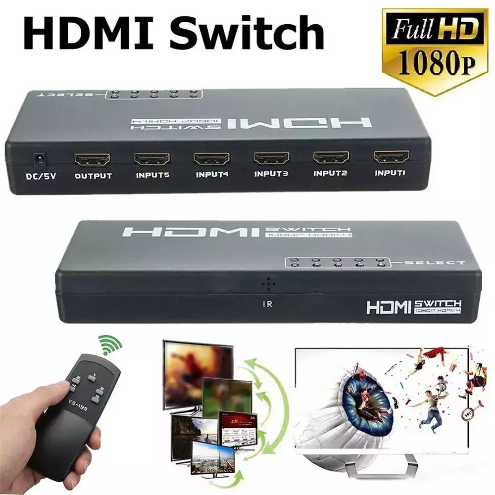 

5 Ports 1080P HDMI 3D Switcher Selector HD Switching Splitter Hub Remote Switch + Remote Controller for HDTV DVD PS3 STB