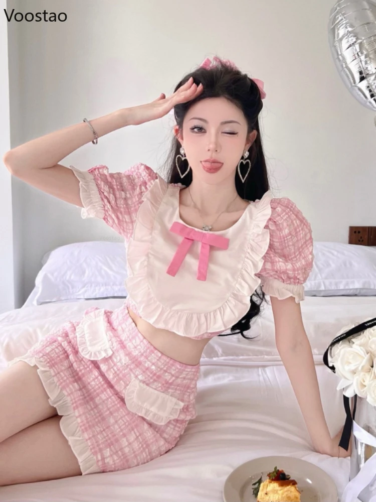 Summer Pink Lolita Style Skirt Set Girly Sweet Bow Ruffles Puff Sleeve Plaid Blouse Crop Tops Mini Skirts Suit Women 2 Piece Set
Summer Pink Lolita Style Skirt Set Girly Sweet Bow Ruffles Puff Sleeve Plaid Blouse Crop Tops Mini Skirts Suit Women 2 Piece Set