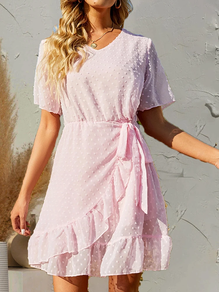 Summer Dresses Women Elegant A-line Lace-up Ruffle Dress Short-sleeved V-neck Wrap Mini Dresses Femme Party Dress Robe Femme
Summer Dresses Women Elegant A-line Lace-up Ruffle Dress Short-sleeved V-neck Wrap Mini Dresses Femme Party Dress Robe Femme