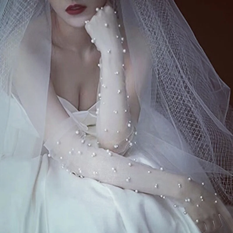 

Simple Wedding Dress Gloves Bride Long Glove Photography Props Charming Thin Section Mesh Artificial Pearl Mittens