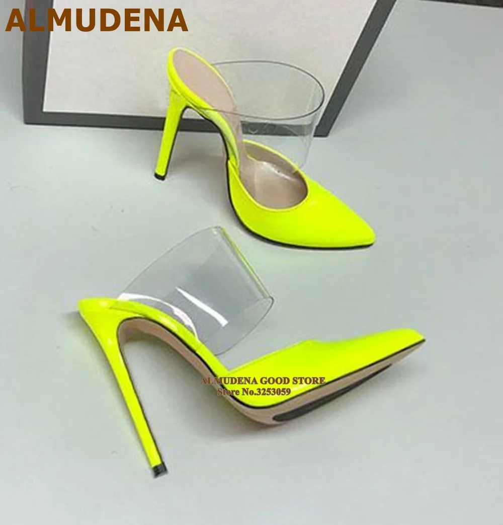 ALMUDENA Neon Yellow Clear PVC Patchwork Slippers Thin High Heel Pointed Toe Colorized Banquet Pumps Pink Green Sandals Size46
ALMUDENA Neon Yellow Clear PVC Patchwork Slippers Thin High Heel Pointed Toe Colorized Banquet Pumps Pink Green Sandals Size46