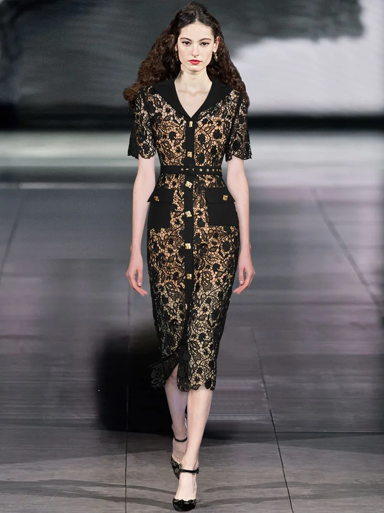 Runway Hollow Out Midi Black Lace Dress Women 2023 Summer Short Sleeve Single Breasted Vestidos Party Sexy Embroidery Robes
Runway Hollow Out Midi Black Lace Dress Women 2023 Summer Short Sleeve Single Breasted Vestidos Party Sexy Embroidery Robes